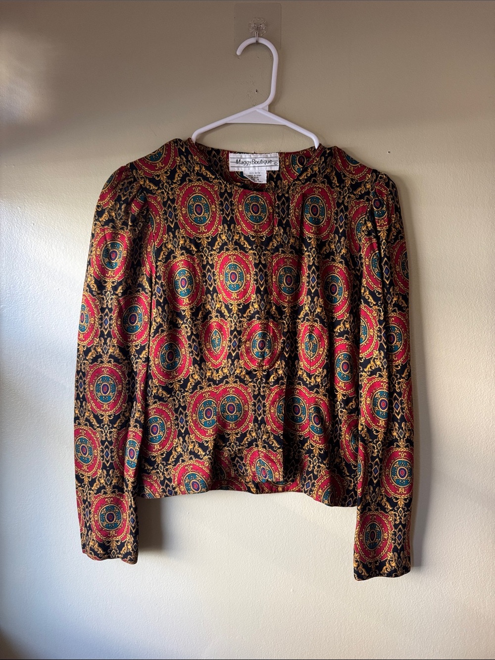 Vintage Maggy London Red, Black & Gold Medallion Button-Down Blouse